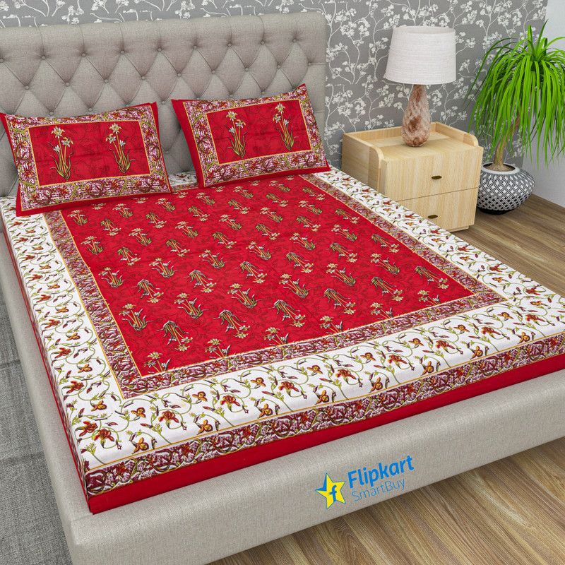 104 TC Cotton Double Jaipuri Prints Bedsheet  (Pack of 1, Red)