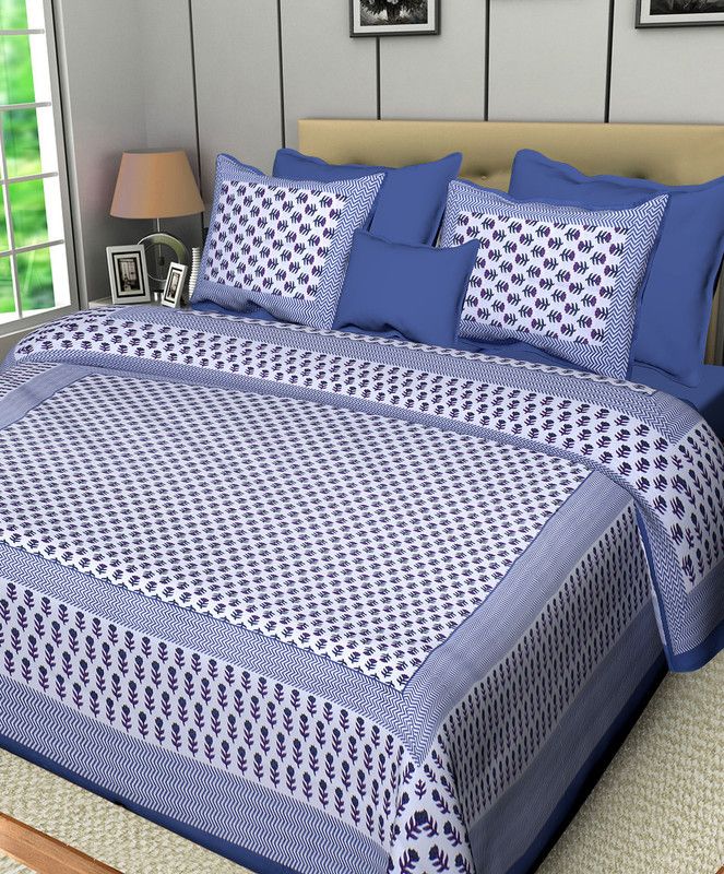 Rekha Creation 210 TC Cotton Queen Jaipuri Prints Flat Bedsheet  (Pack of 1, Blue)