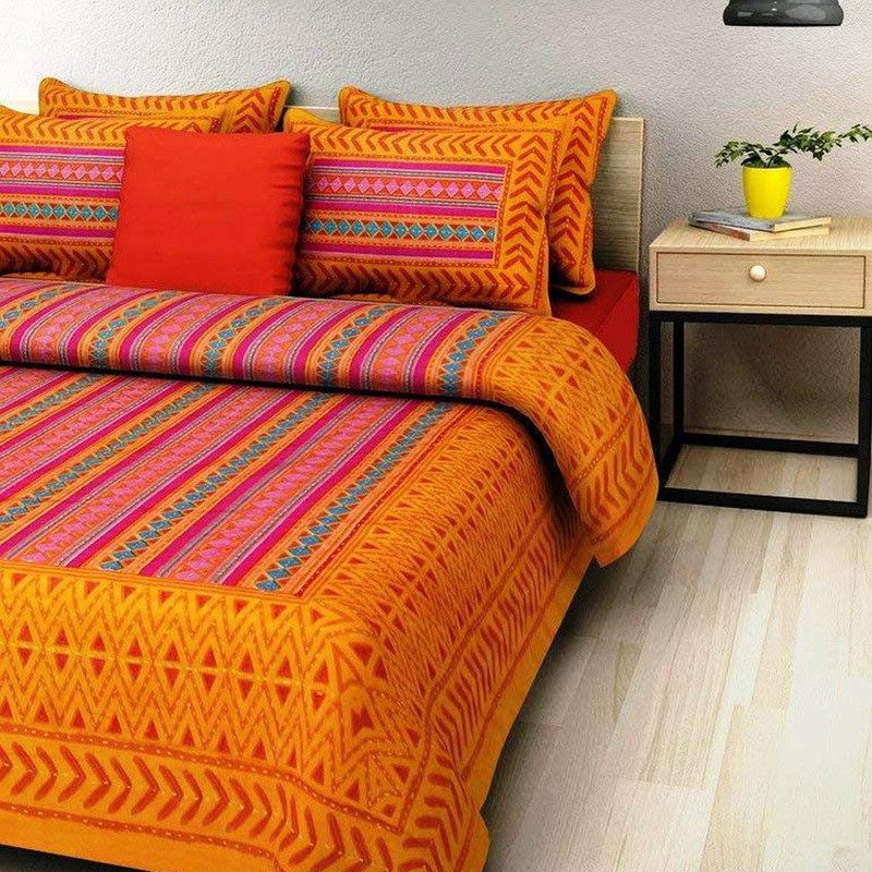 144 TC Cotton Double Printed Bedsheet  (Pack of 1, Yellow, Pink)