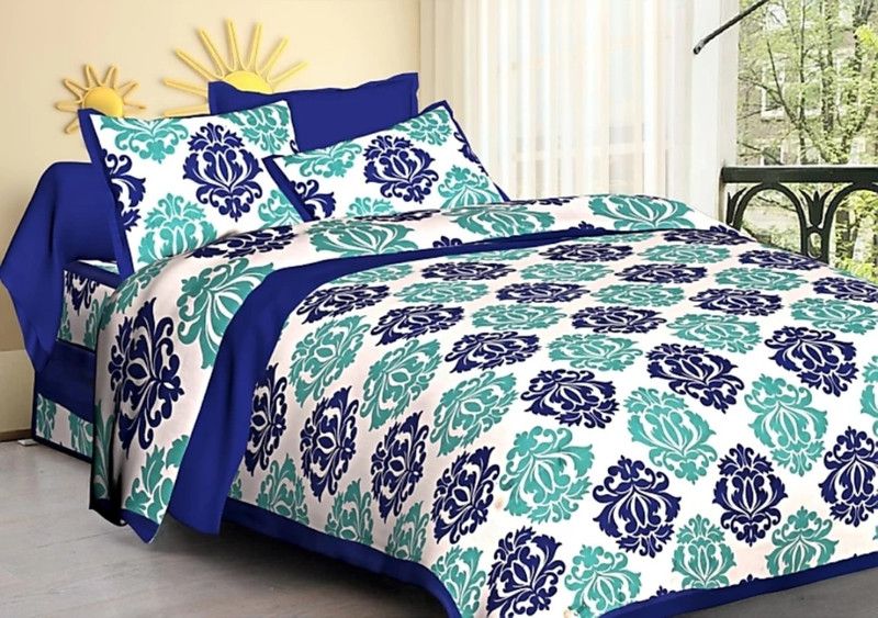 144 TC Cotton Double Floral Bedsheet  (Pack of 1, SKY GREEN, Blue)