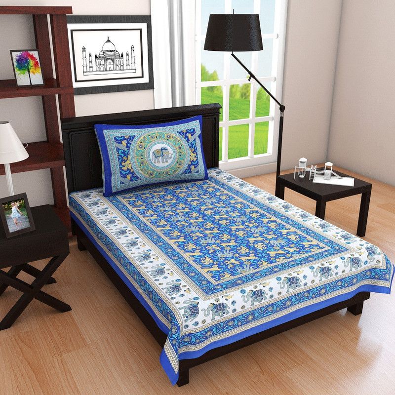 Plethora 151 TC Cotton Single Printed Flat Bedsheet  (Pack of 1, Blue)