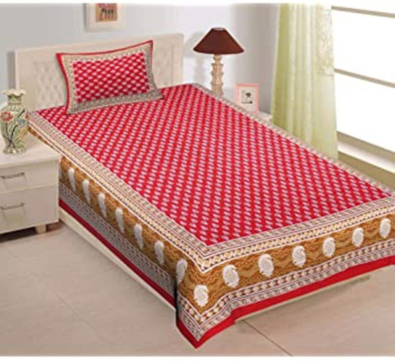 Unique Fashion 155 TC Cotton Single Jaipuri Prints Flat Bedsheet  (Pack of 1, Red, Brown, White)
