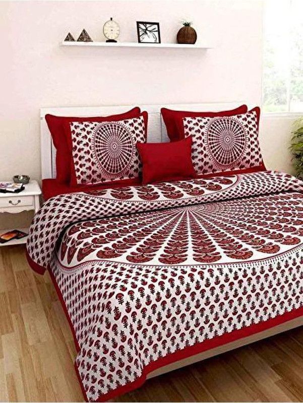 Tatvika 144 TC Cotton Double Jaipuri Prints Flat Bedsheet  (Pack of 1, Red)