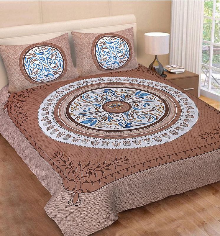 Decormite 144 TC Cotton Queen Jaipuri Prints Flat Bedsheet  (Pack of 1, Brown)