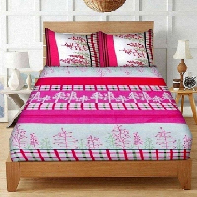 COTTON VILLAS 200 TC Cotton Double Striped Flat Bedsheet  (Pack of 1, Pink)