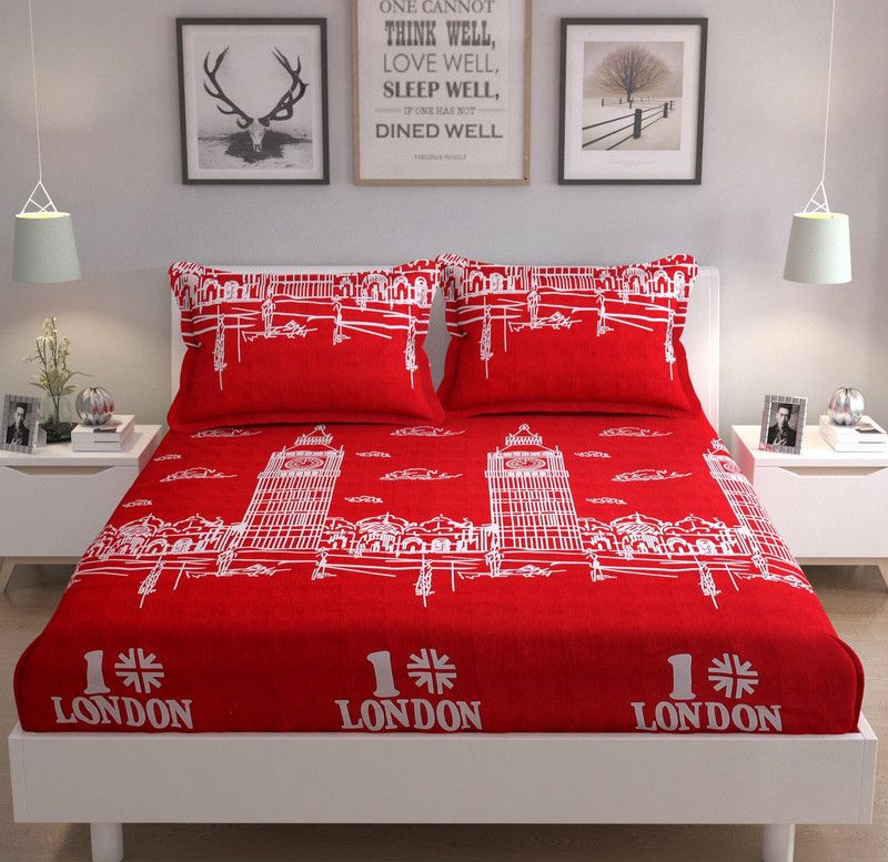 DA ARTISAN 240 TC Microfiber Double Printed Fitted (Elastic) Bedsheet  (Pack of 1, Red)