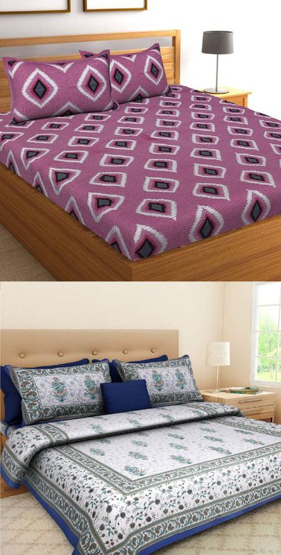 Shezukesa 144 TC Cotton Double Jaipuri Prints Flat Bedsheet  (Pack of 2, Pink and White, Multicolor)
