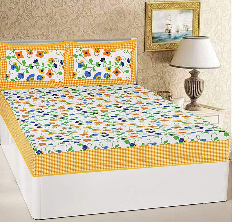 Homeline 104 TC Cotton Double Floral Flat Bedsheet  (Pack of 1, Yellow, White)