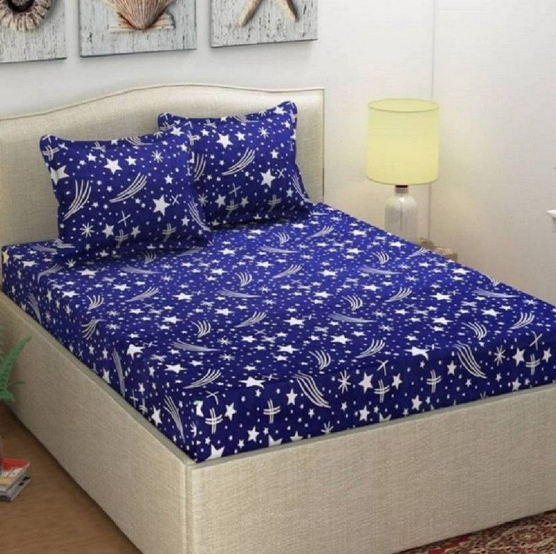 lvvlll fab 144 TC Cotton Double Printed Flat Bedsheet  (Pack of 1, Blue, White)