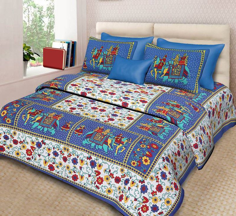 Mishaaru 144 TC Cotton Double Jaipuri Prints Flat Bedsheet  (Pack of 1, Blue)
