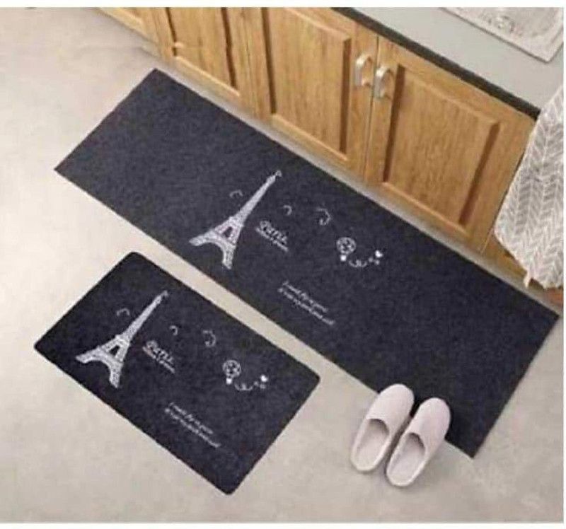 Shinzo Velvet Floor Mat  (Black Paris Printed-Mat, Medium, Pack of 2)