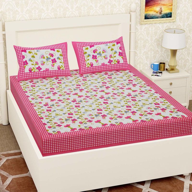 Trendi Craft 144 TC Cotton Double Jaipuri Prints Flat Bedsheet  (Pack of 1, Pink, White)