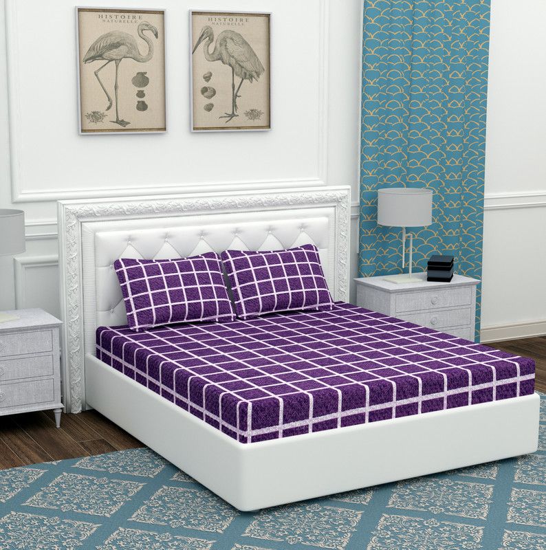 BEVI 204 TC Microfiber Double Checkered Flat Bedsheet  (Pack of 1, Purple)