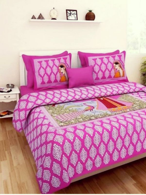 Pinkcity print 151 TC Cotton Double Printed Flat Bedsheet  (Pack of 1, Pink)