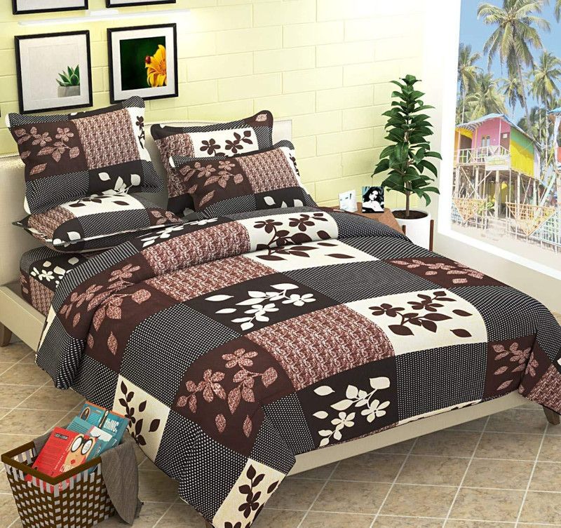 Skytex 100 TC Polycotton Double Geometric Flat Bedsheet  (Pack of 1, Brown)