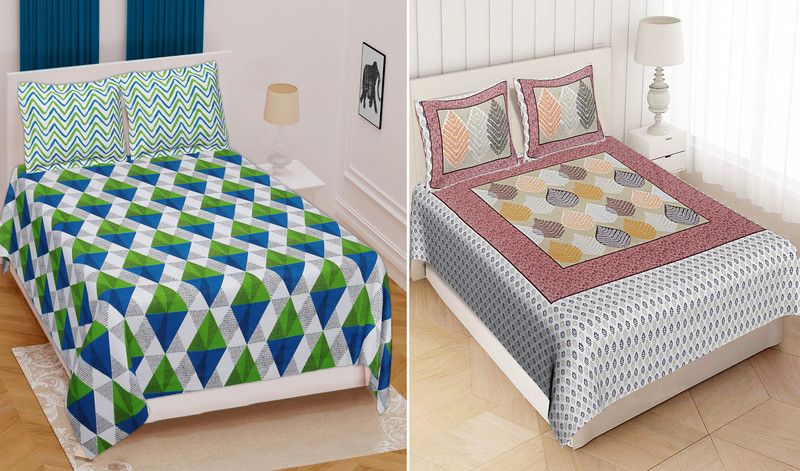 Cotton Double Bed Spread  (Green, White, 2 Bedsheet, 4 Pillow Covers)