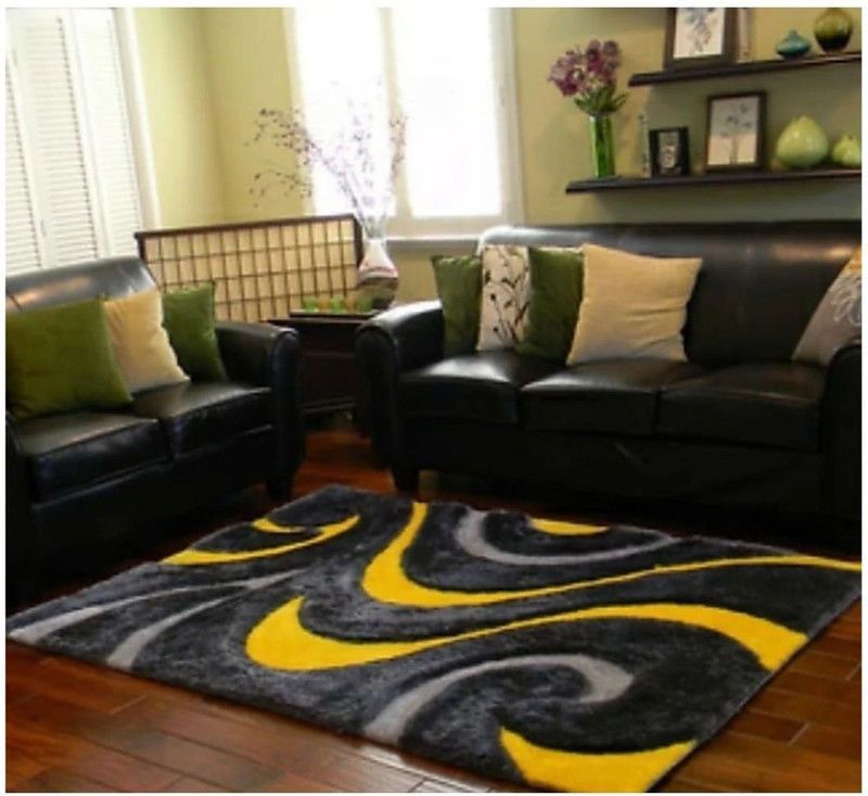 RM Handloom Yellow, Black Polyester Carpet  (153 cm, X 214 cm, Rectangle)