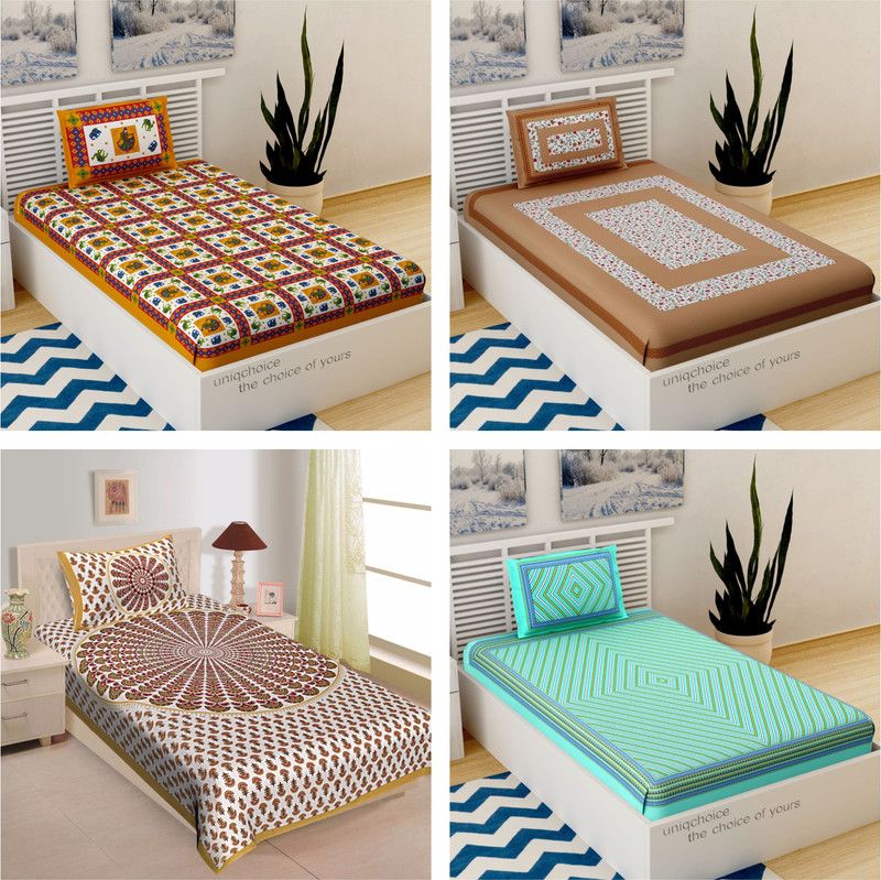 Cotton Single Bedsheet  (Pack of 4, Multicolor)