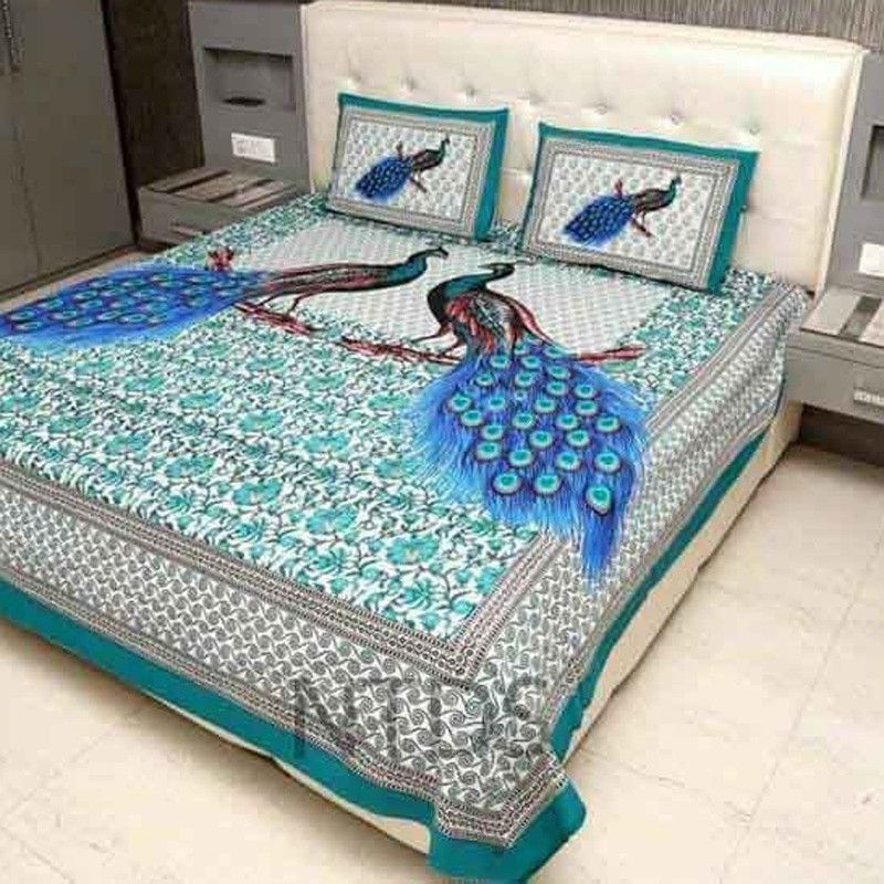 ADVIK CREATION 200 TC Cotton Double Printed Flat Bedsheet  (Pack of 1, Sky Blue)