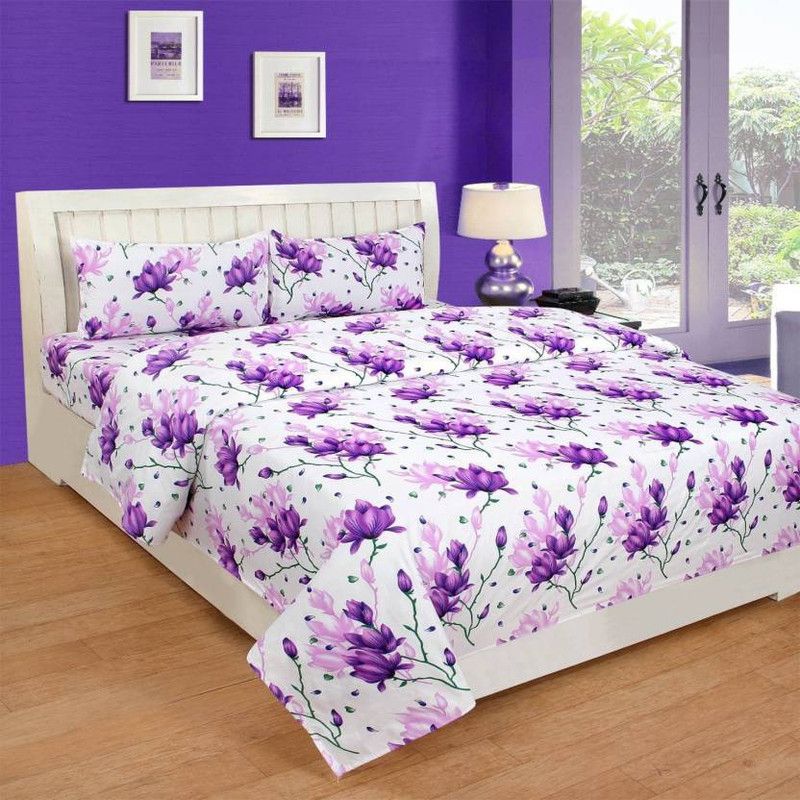 RANDY ORTEN 180 TC Polycotton Double Floral Flat Bedsheet  (Pack of 1, White)