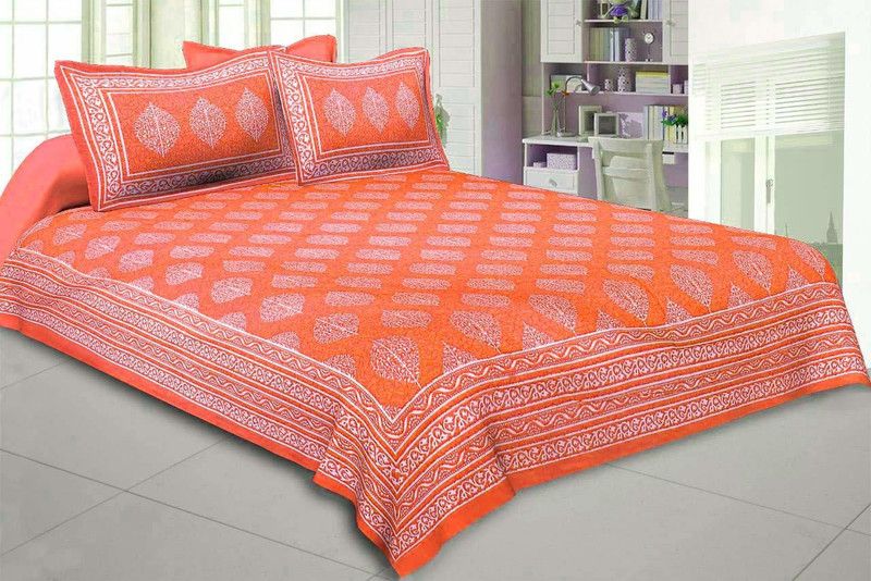 D K Lifestyles Cotton Queen Bed Cover  (Orange, 1 Bedcover, 2 Pillow Cover)