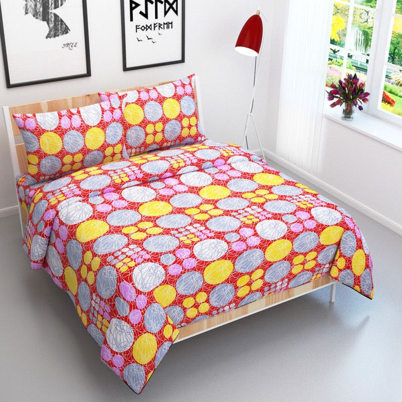 NC CREATIONS 140 TC Polycotton Double Printed Fitted & Flat Bedsheet  (Pack of 1, Red)