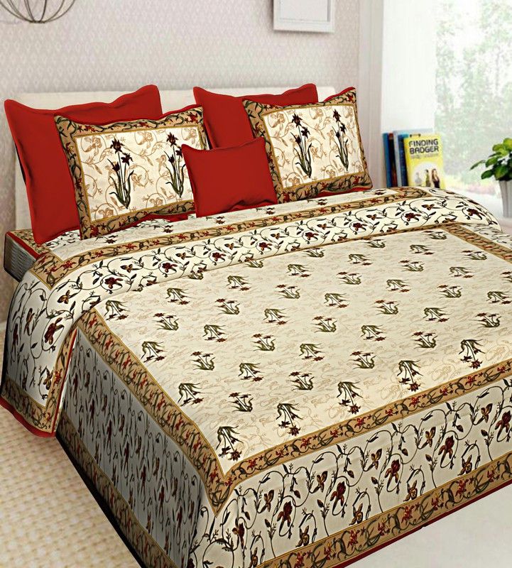 DREAMPOINT 210 TC Cotton King Floral Flat Bedsheet  (Pack of 1, Red, beige)
