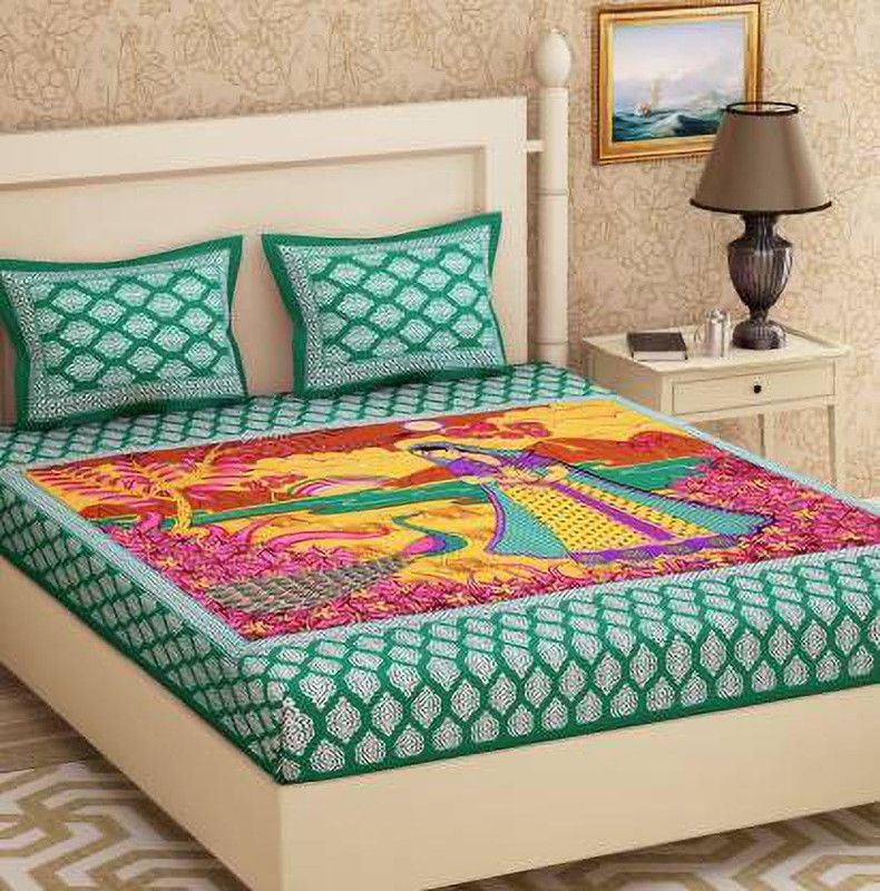 SHREE SHYAM FASHION 144 TC Cotton Queen Printed Flat Bedsheet  (Pack of 1, Teal)