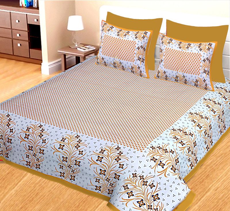 KANDY SHOP 300 TC Cotton King Floral Flat Bedsheet  (Pack of 1, Yellow,White)