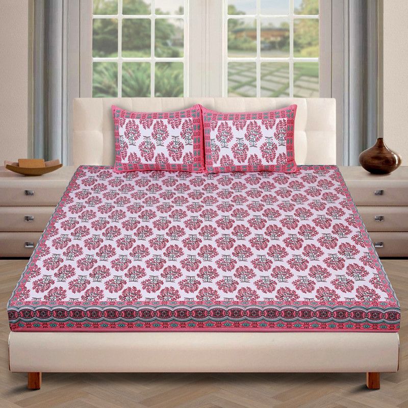 ROMEE 180 TC Cotton King Floral Flat Bedsheet  (Pack of 1, White & Maroon)
