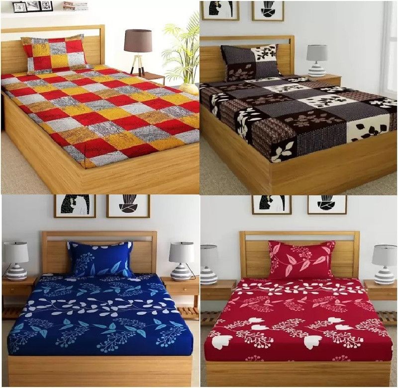 Home Readiness 160 TC Polycotton Single Floral Flat Bedsheet  (Pack of 4, Multicolor)