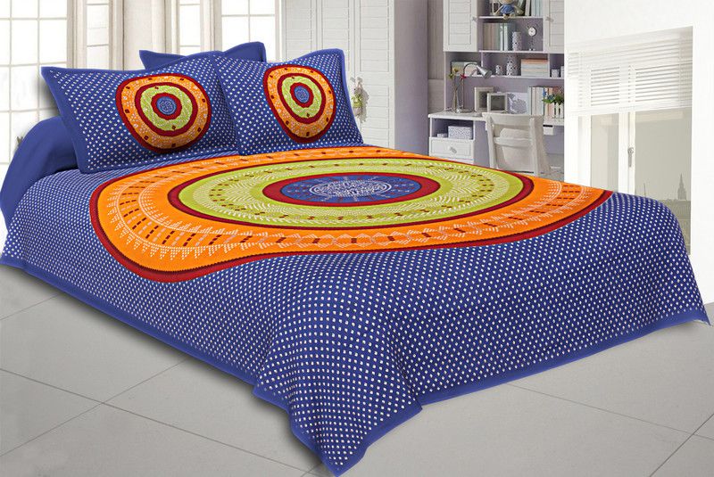 Mokshita Enterprises 144 TC Cotton Double Jaipuri Prints Flat Bedsheet  (Pack of 1, Blue)