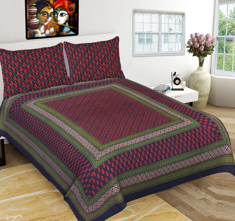 My Pink City 350 TC Cotton King Jaipuri Prints Flat Bedsheet  (Pack of 1, Blue - Green)
