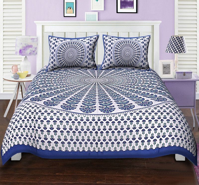 PVB 220 TC Cotton, Viscose Double Jaipuri Prints Flat Bedsheet  (Pack of 1, Blue, White)