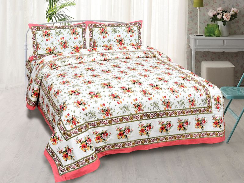 Shri overseas 250 TC Cotton King Floral Flat Bedsheet  (Pack of 1, Pink, White)