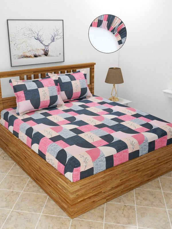 BREVARD 210 TC Cotton Double Printed Fitted (Elastic) Bedsheet  (Pack of 1, Pink)
