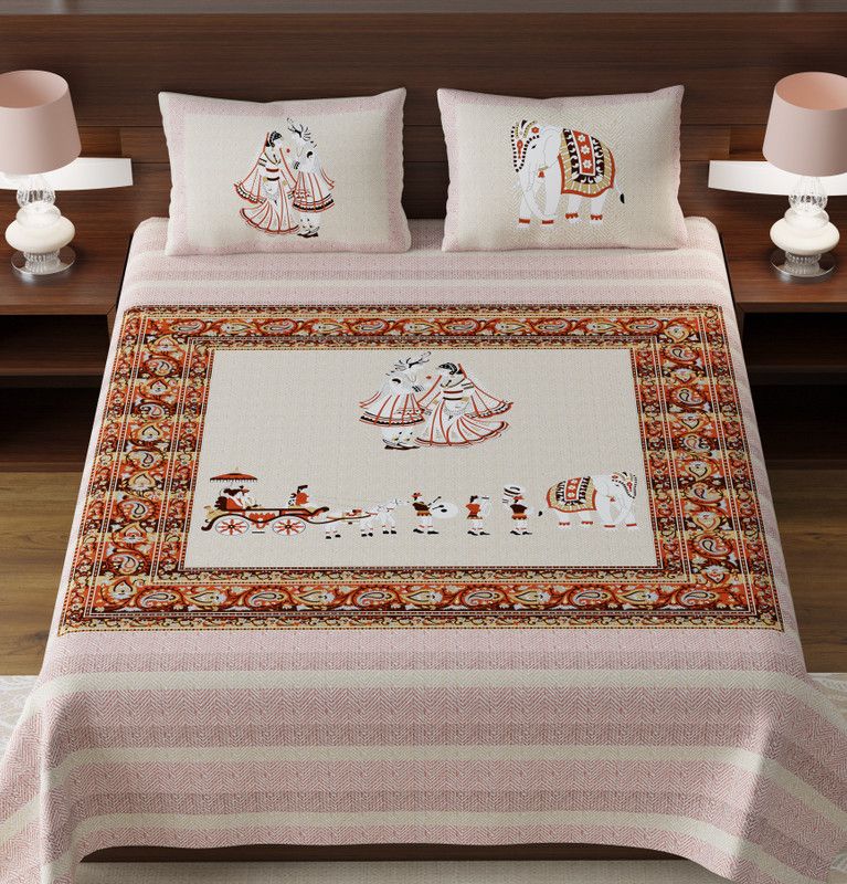 JAIPUR PRIME 210 TC Cotton King Jaipuri Prints Flat Bedsheet  (Pack of 1, Peach)