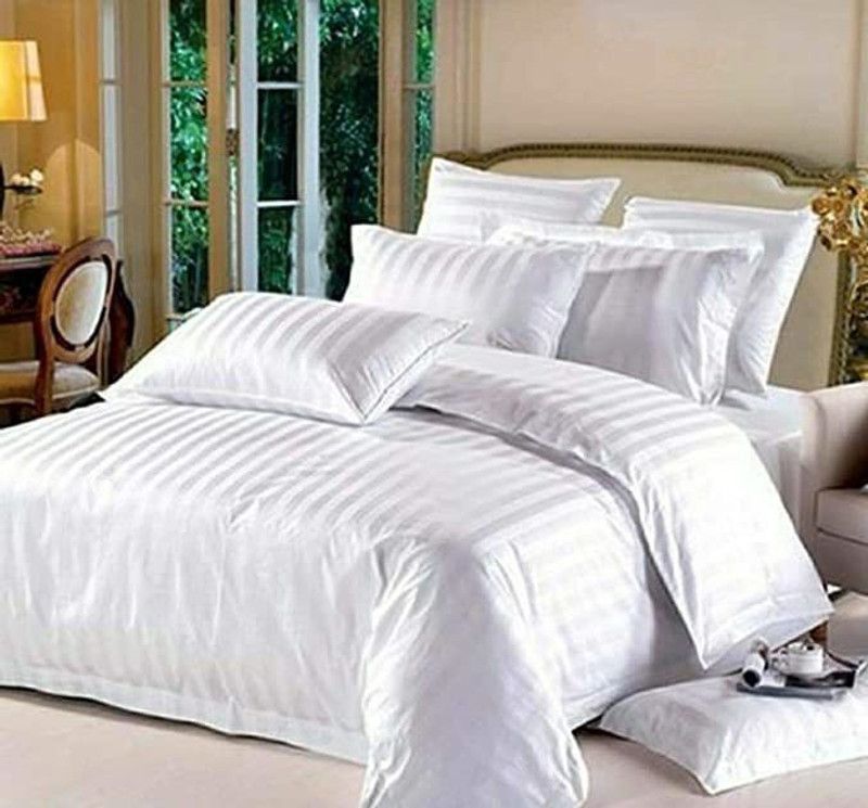 VTC TRADERS 210 TC Polycotton Double Striped Flat Bedsheet  (Pack of 1, White)