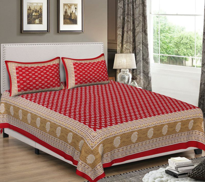 Home@shop 180 TC Cotton Double Printed Flat Bedsheet  (Pack of 1, Red)