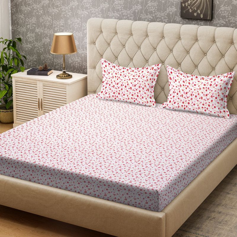 Welspun 104 TC Cotton Double Printed Flat Bedsheet  (Pack of 1, Pink)