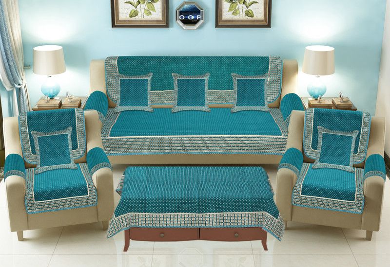 THE IDEAL PIECE Velvet Polka Sofa Cover  (SKY BLUE Pack of 18)