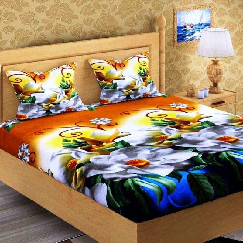 TOORSKY 144 TC Microfiber Double Floral Flat Bedsheet  (Pack of 1, Yellow)