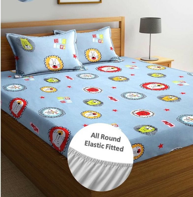 New leaf 220 TC Cotton Double 3D Printed Fitted (Elastic) Bedsheet  (Pack of 1, Multicolor)