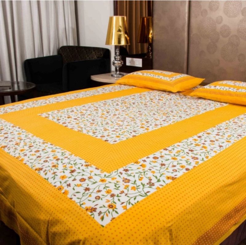 DHAKAD 144 TC Cotton Double Jaipuri Prints Flat Bedsheet  (Pack of 1, Yellow)