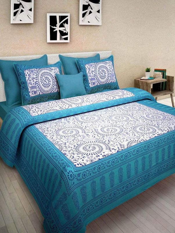 MSKS 144 TC Cotton Double Printed Flat Bedsheet  (Pack of 1, Blue)
