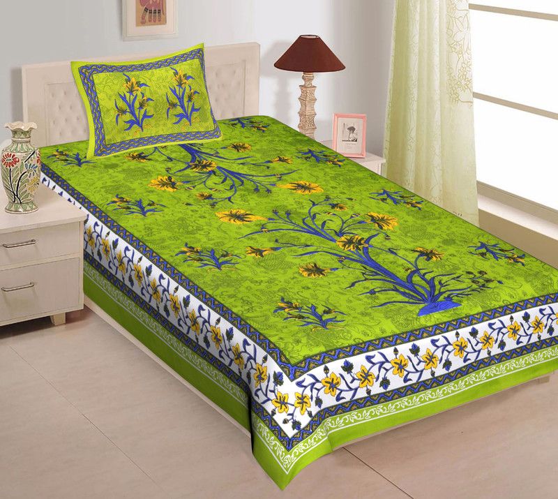 Papa ki Dukaan 104 TC Cotton Single Jaipuri Prints Flat Bedsheet  (Pack of 1, Green)