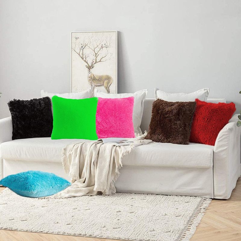 Wondershala Decorative cushion Microfibre Solid Cushion Pack of 6  (Black Green Pink Brown Red Blue)
