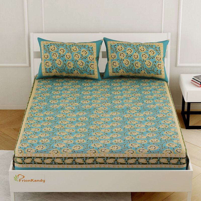 FrionKandy 240 TC Cotton Queen Floral Flat Bedsheet  (Pack of 1, Yellow)