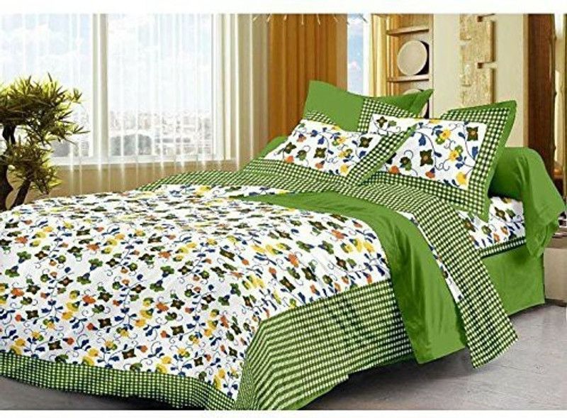 Kusum Soft Bed Sheet 144 TC Cotton Double Floral Flat Bedsheet  (Pack of 1, Green)