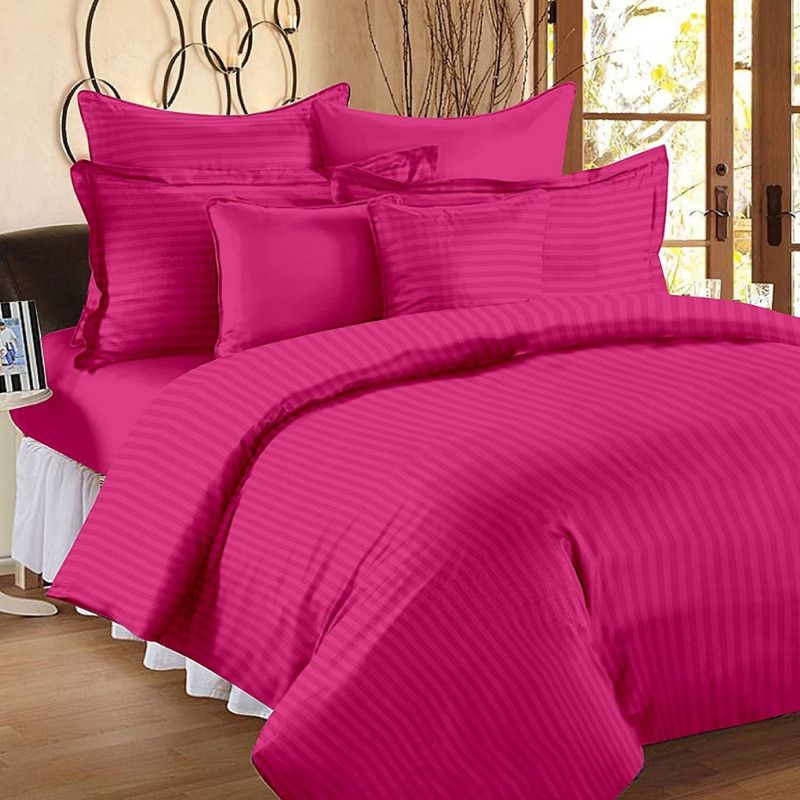 AMIGOS 210 TC Cotton King, Double Striped Flat Bedsheet  (Pack of 1, Rose Pink, Rani)